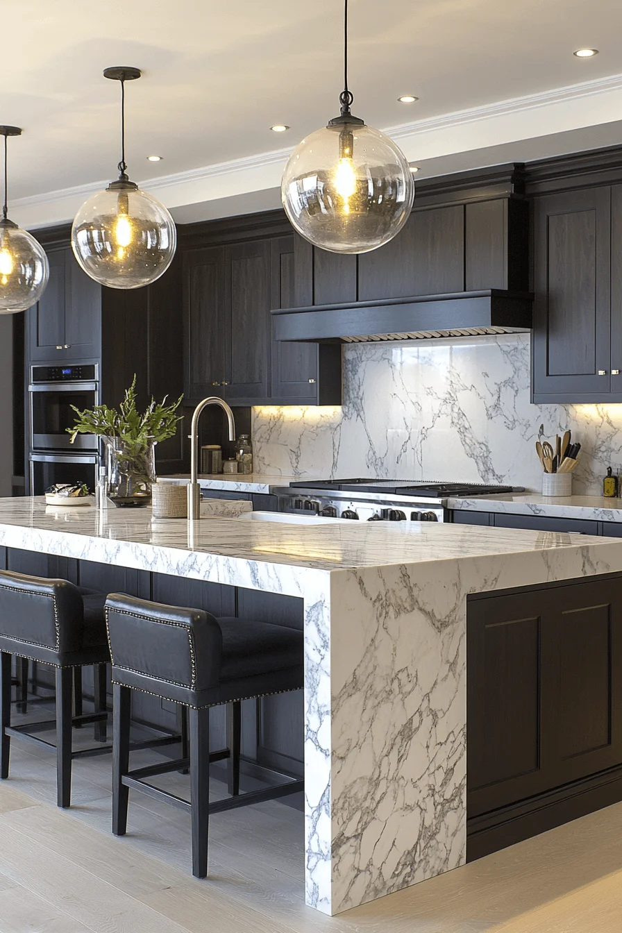 Kitchen with marble countertops and backsplash