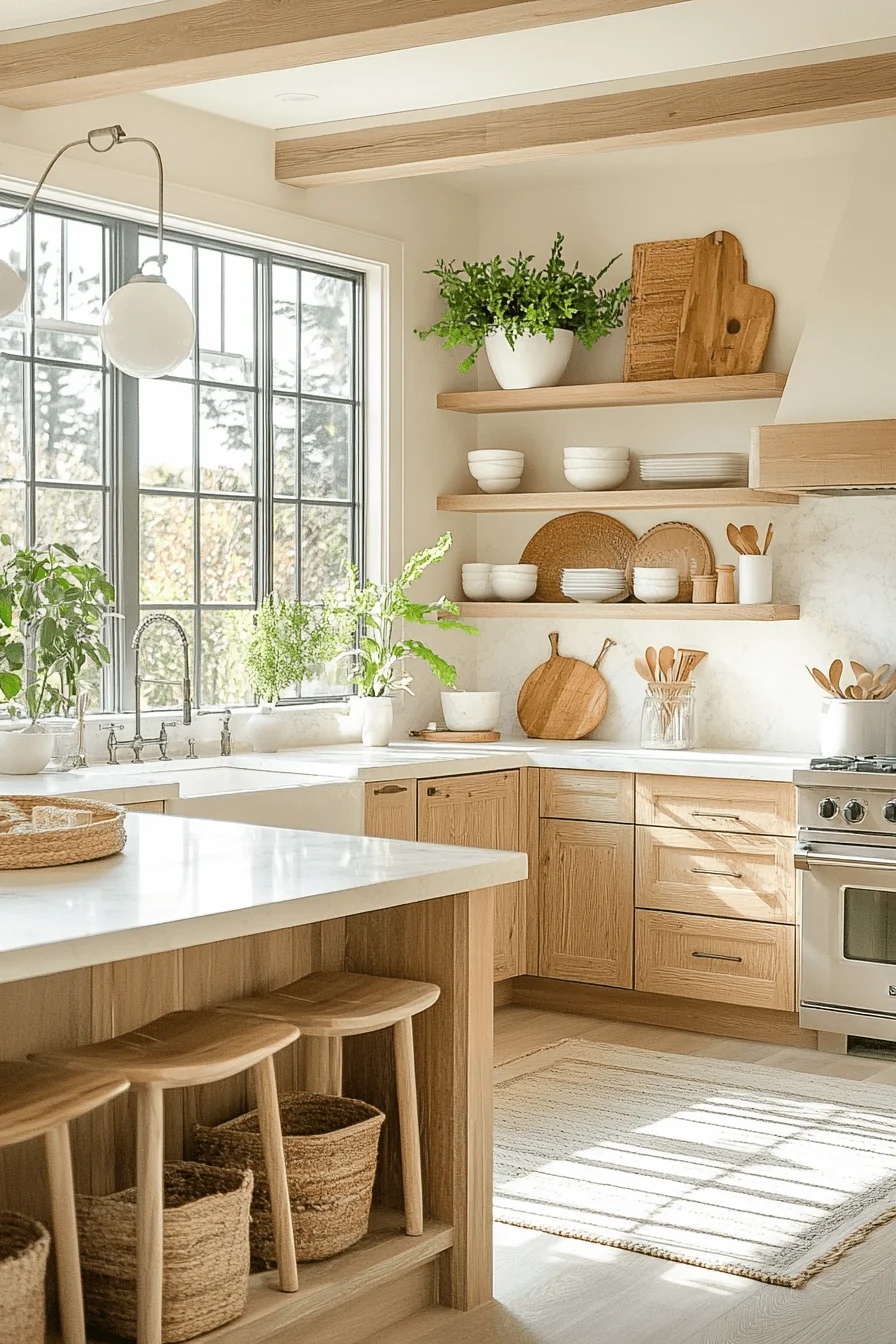Bright kitchen with white cabinets and large windows