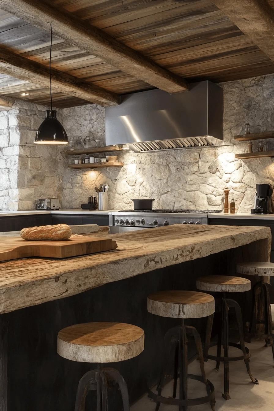 Kitchen with wooden beams and stone accents