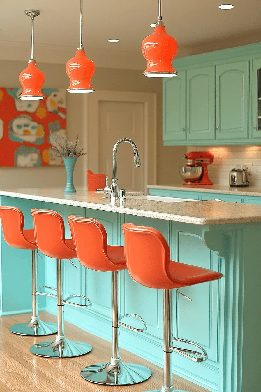 Kitchen with colorful cabinets and neutral walls