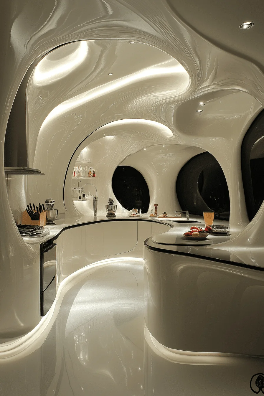 Kitchen with curved lines and metallic accents
