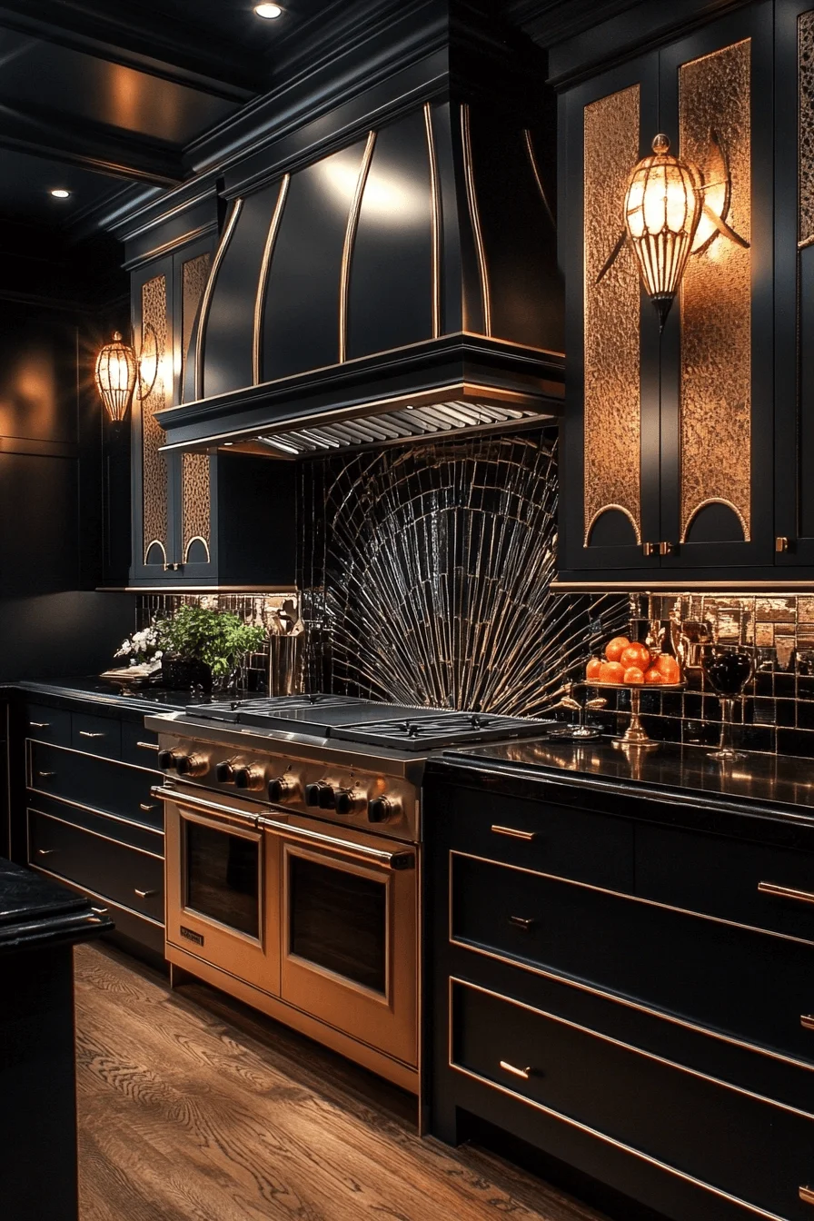 Kitchen with geometric patterns and metallic accents