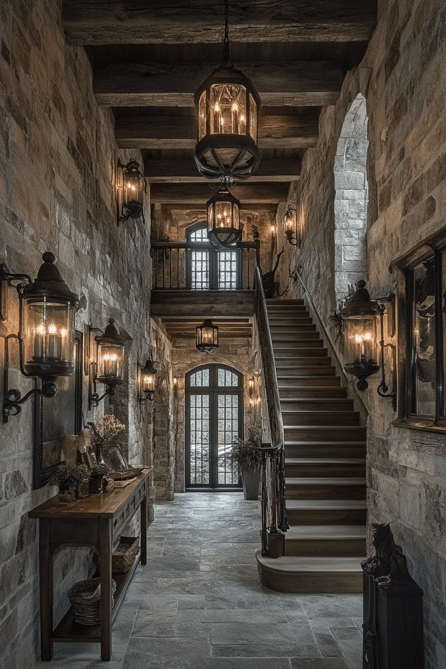 Rustic hallway with wrought iron lighting