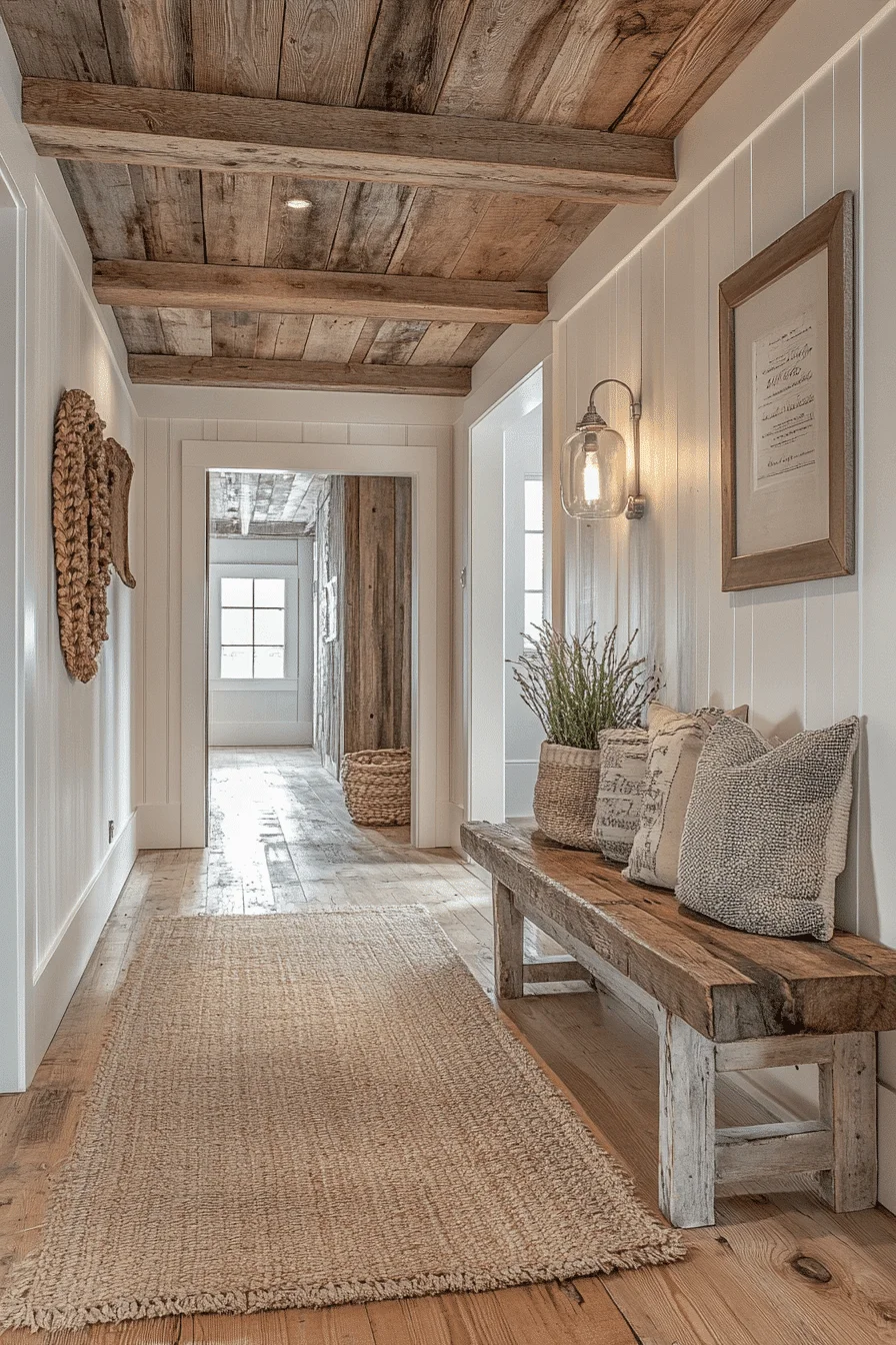 Hallway with reclaimed wood paneling