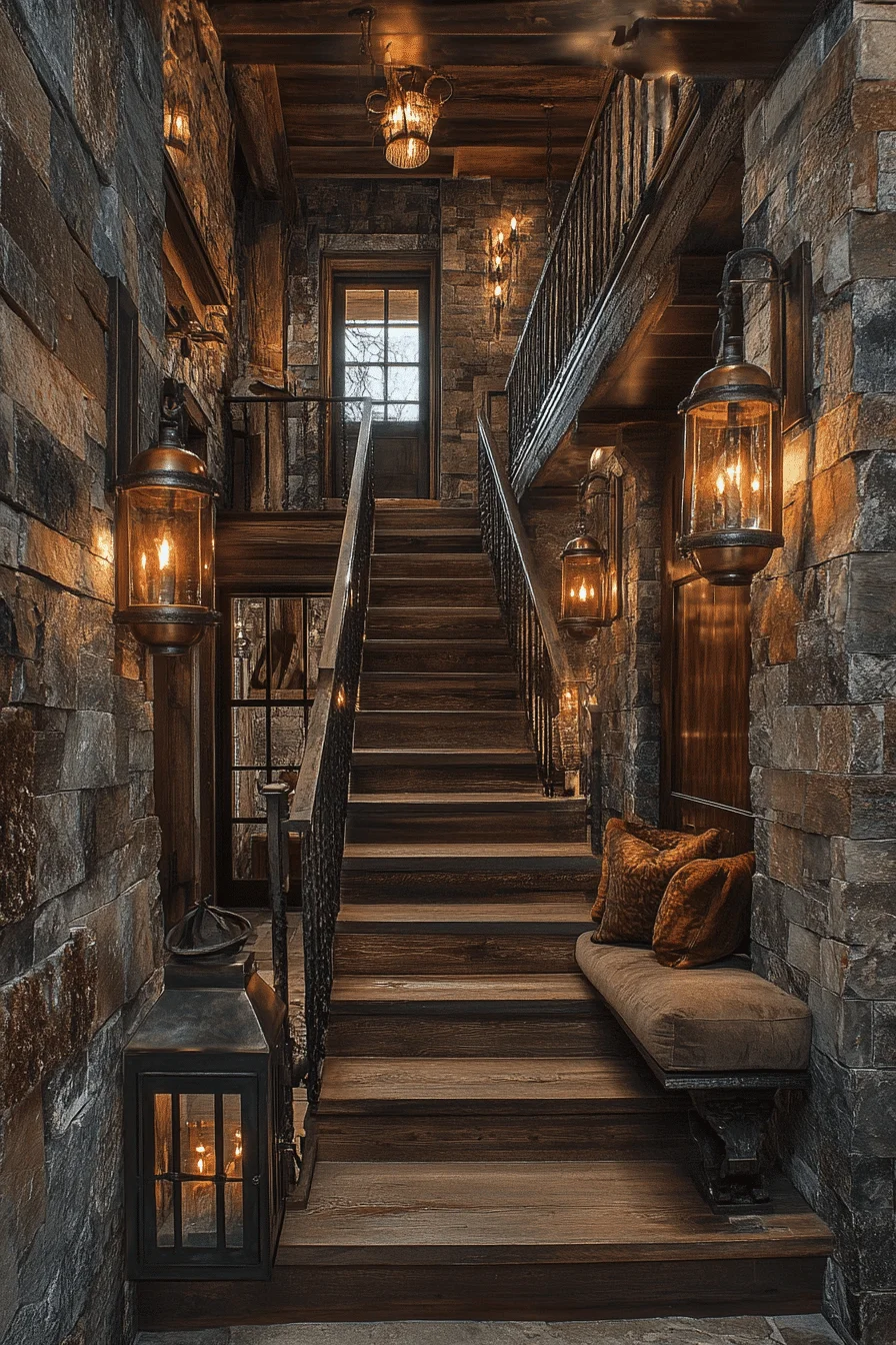 Iron railing in rustic hallway