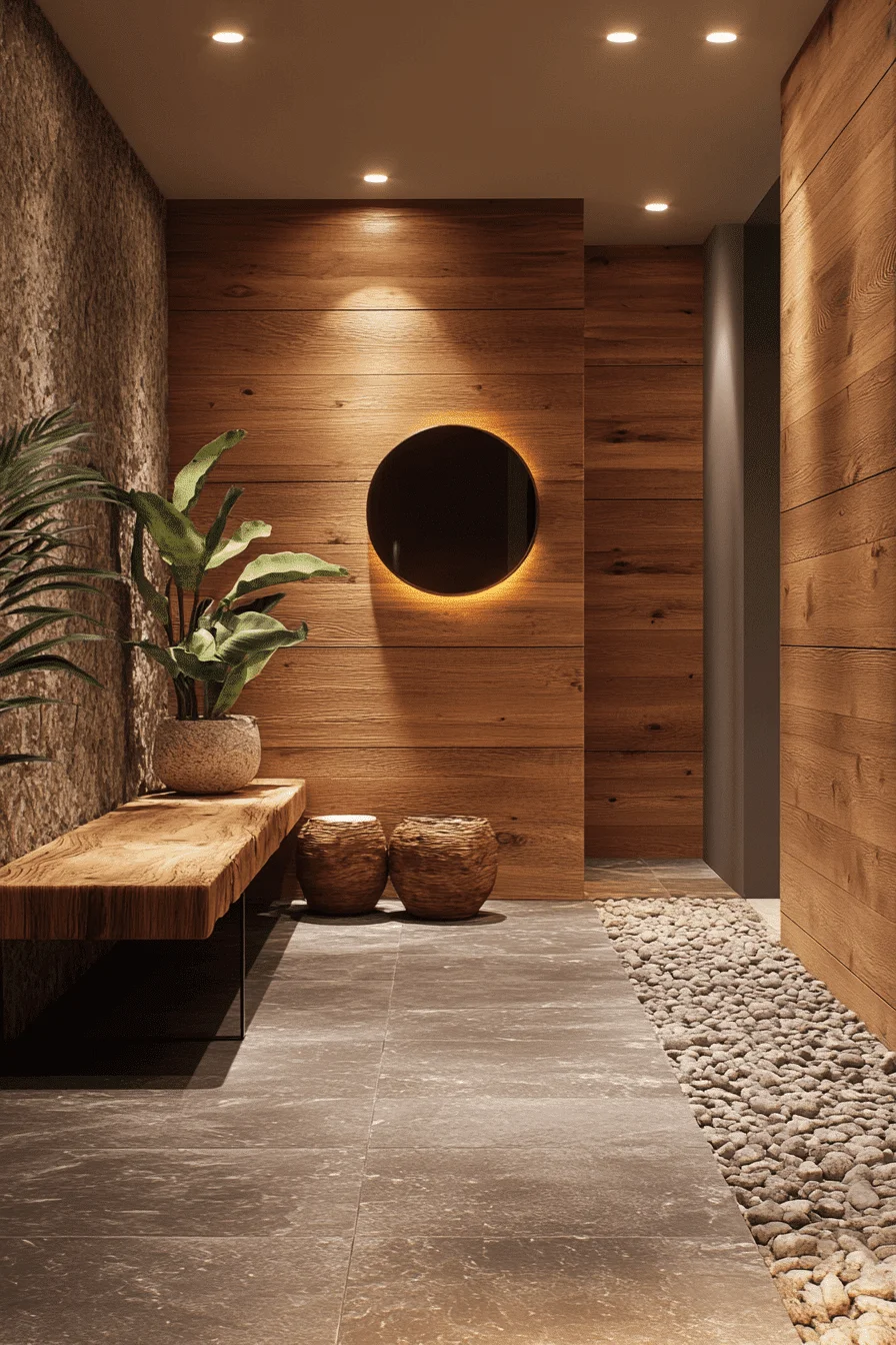 Minimalist rustic hallway with wooden bench