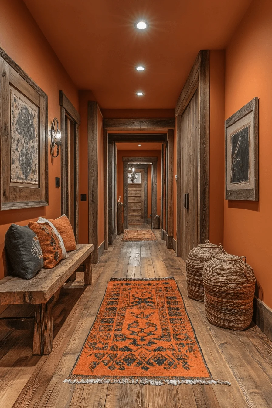 Hallway painted in olive and brown tones