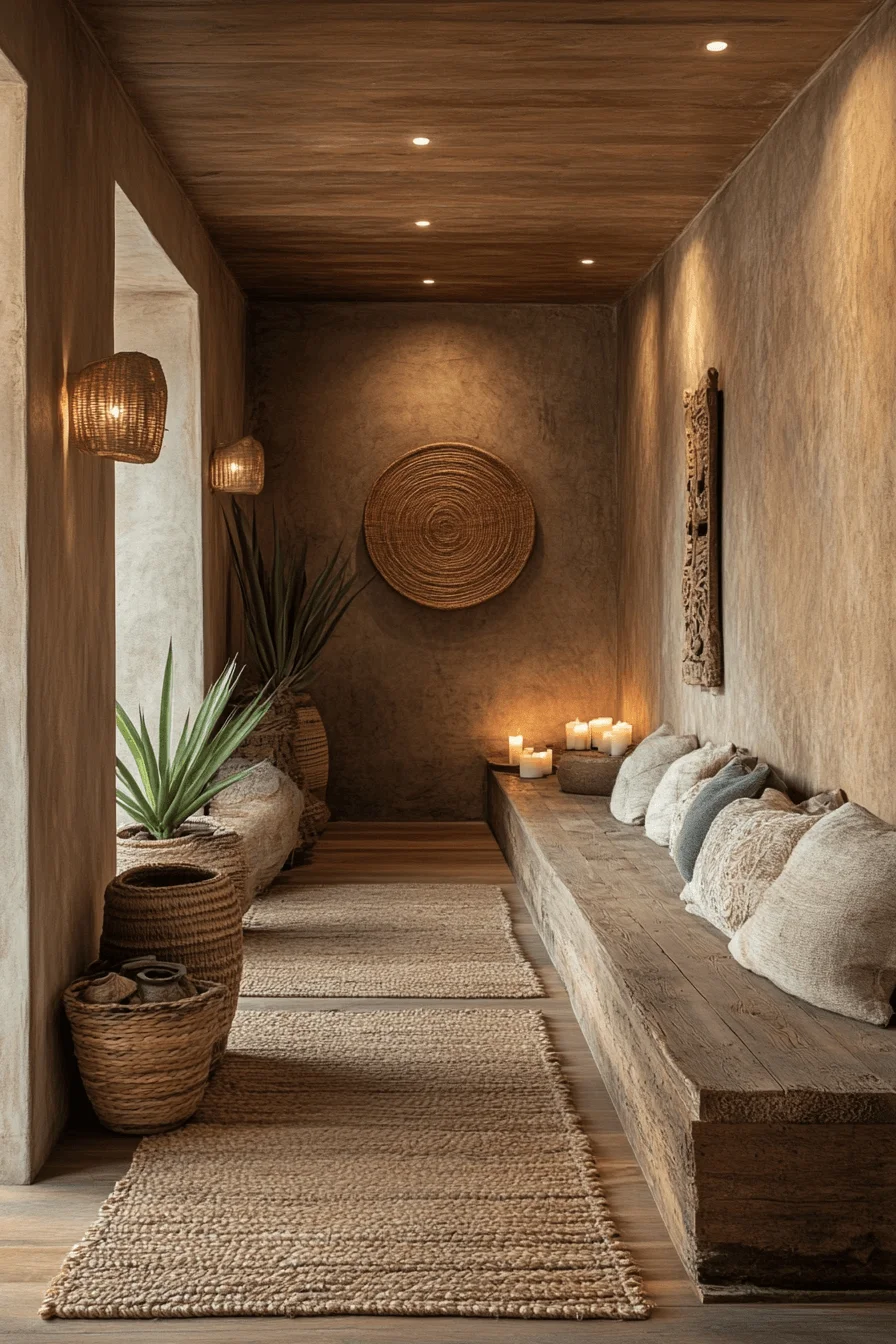 Woven baskets and carved wood decor