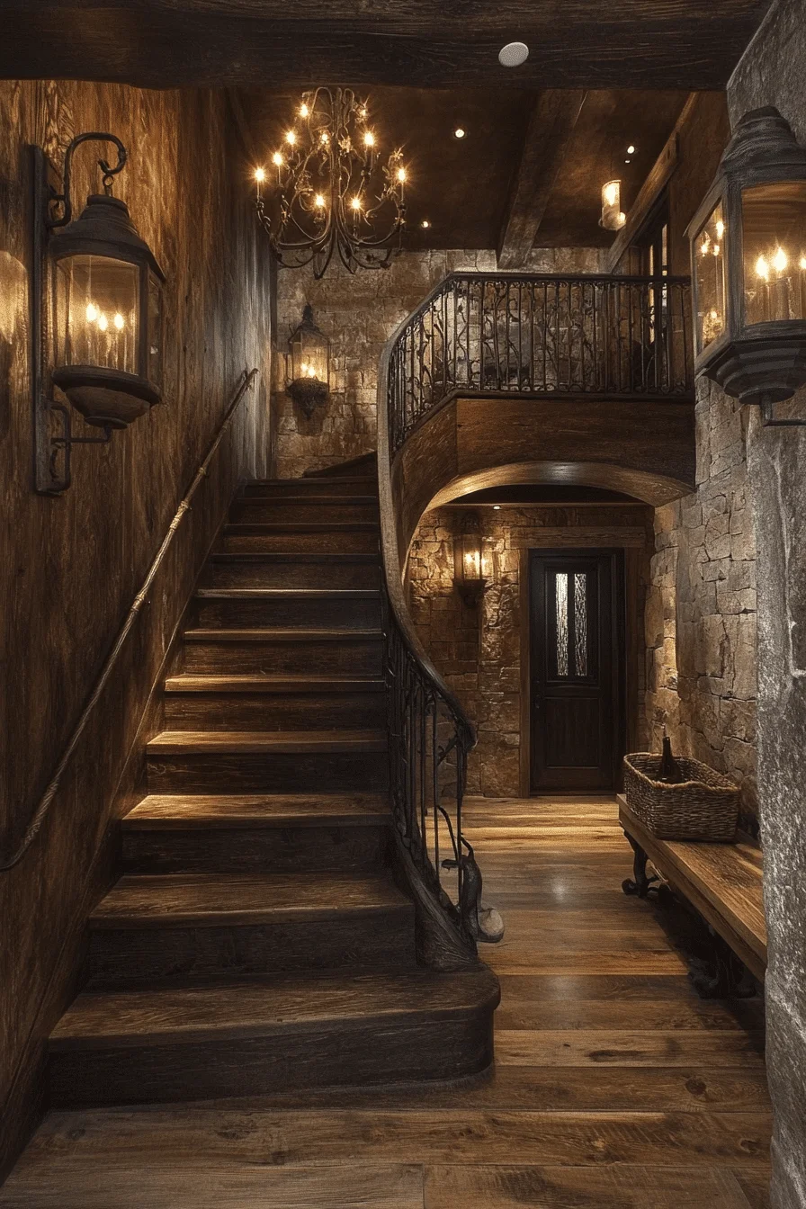 Wrought iron chandelier in hallway