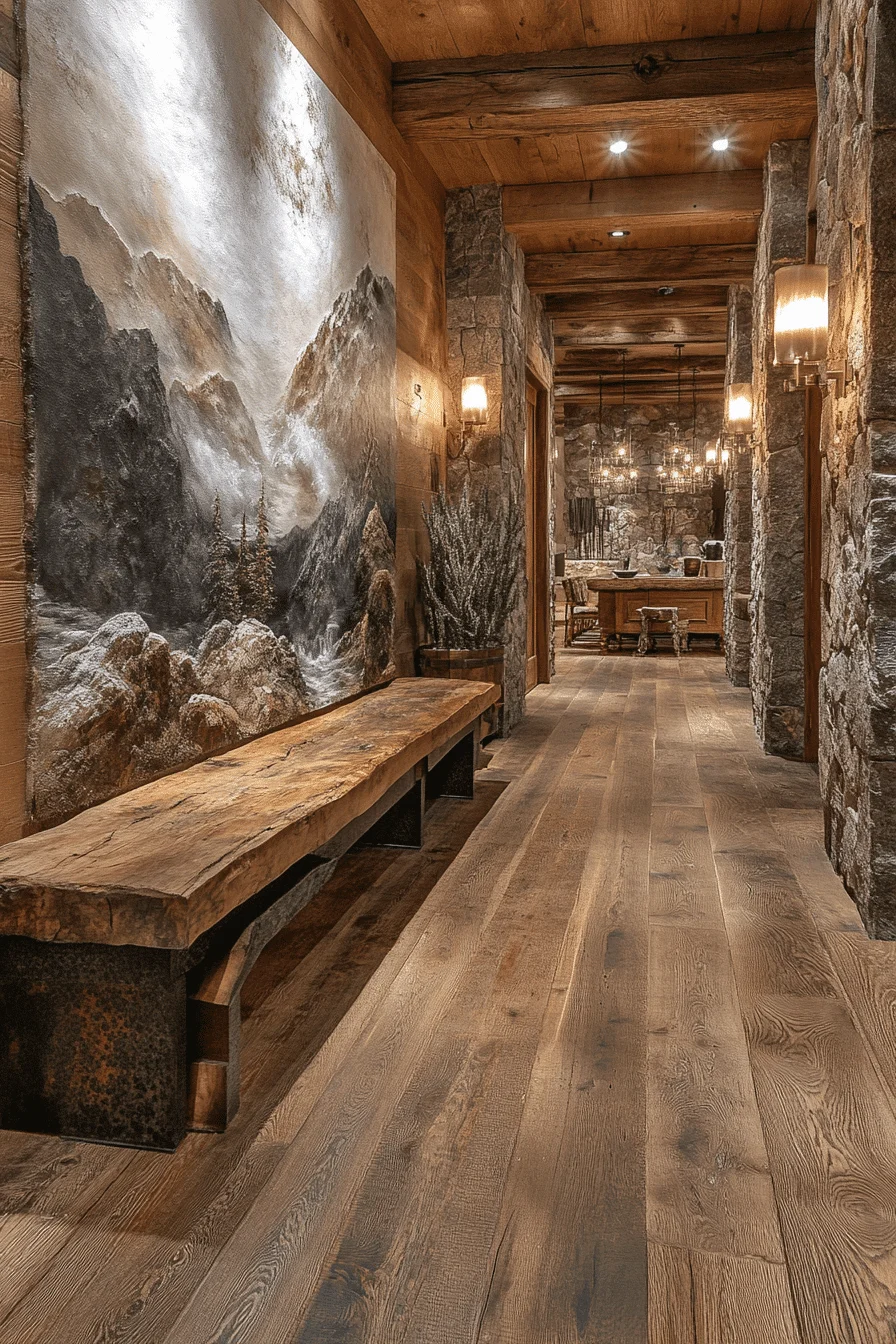 Rustic hallway with mural art
