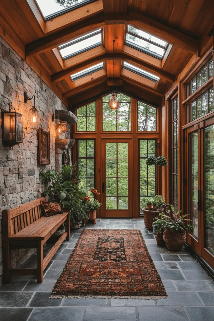 Bright rustic hallway with skylight