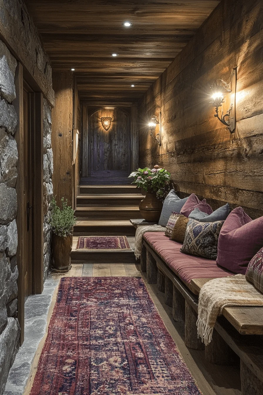 Wooden bench with cushions in hallway