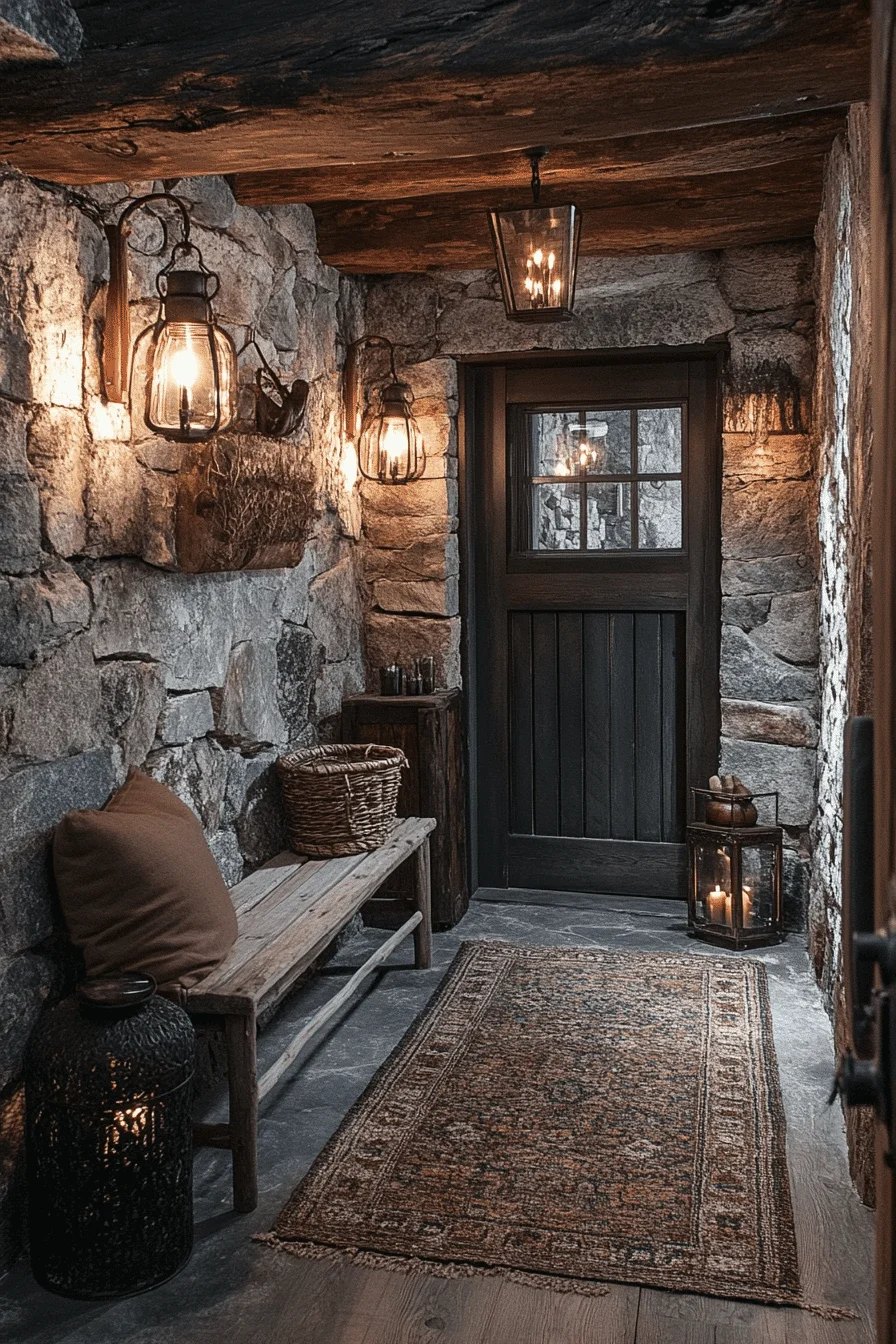 Stone and brick accents in hallway