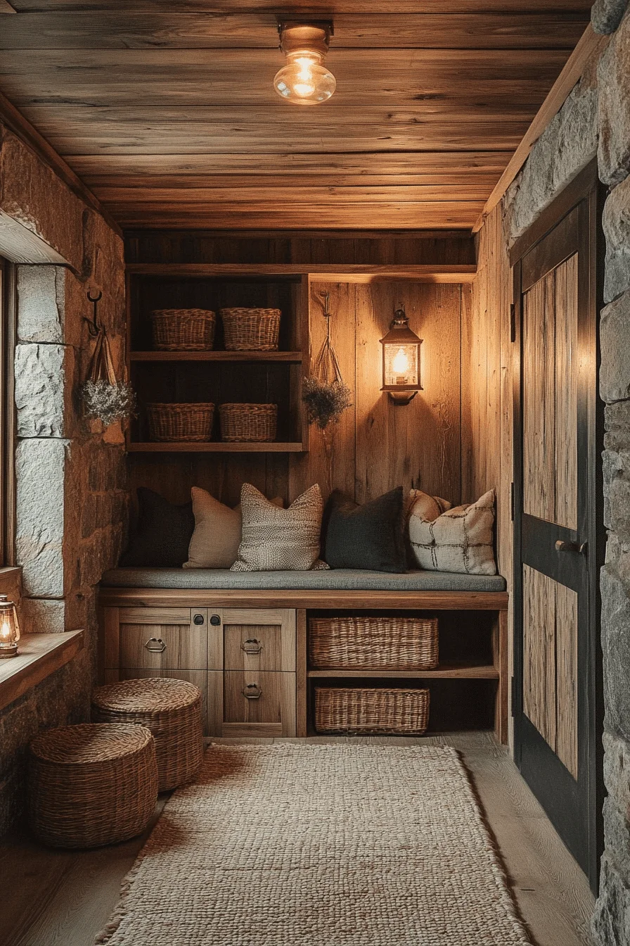 Wooden shelves and baskets in hallway