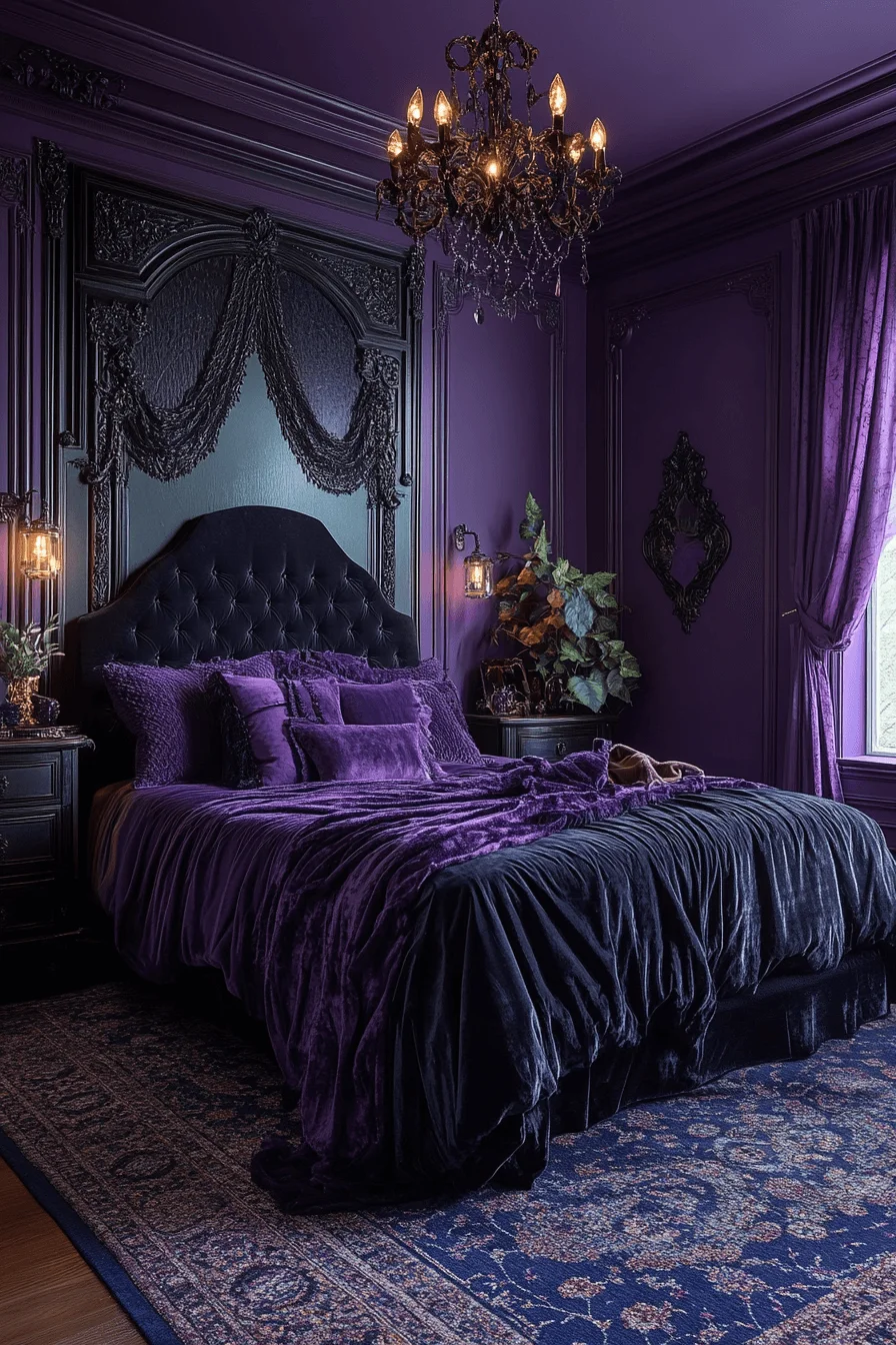 Velvet furniture in dark maximalism style