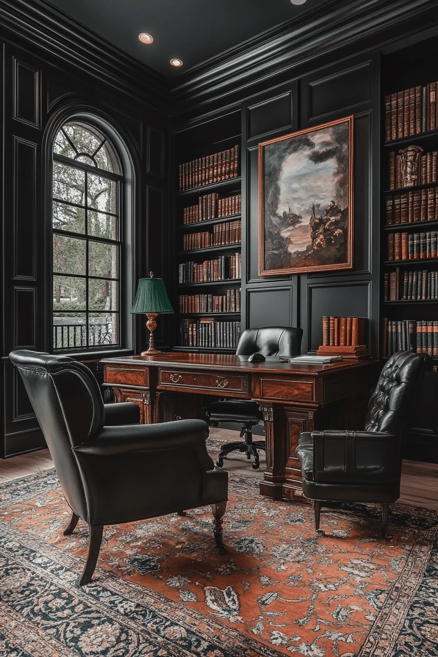 Elegant dark maximalism nook