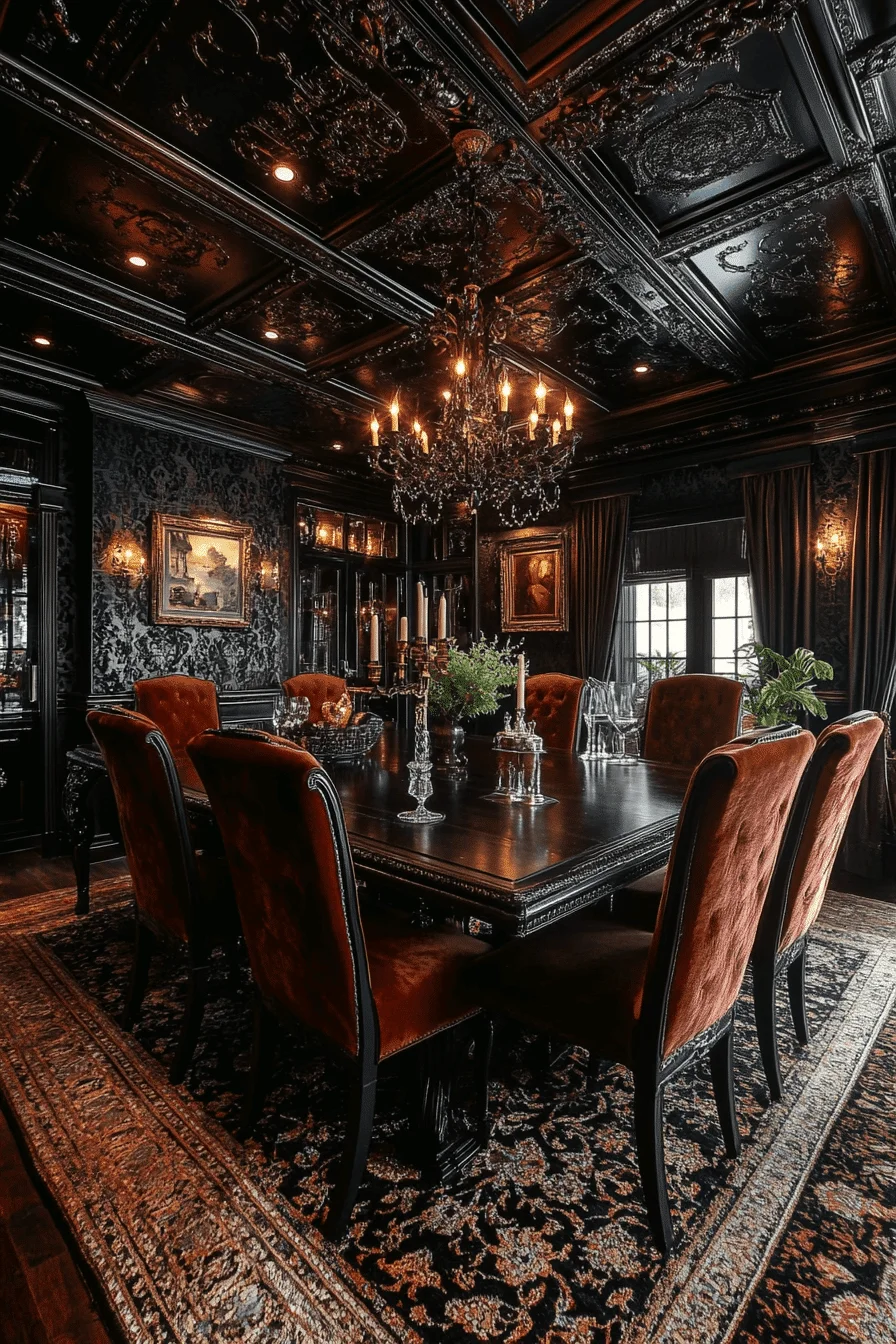 Dark tones with silk accents in maximalism