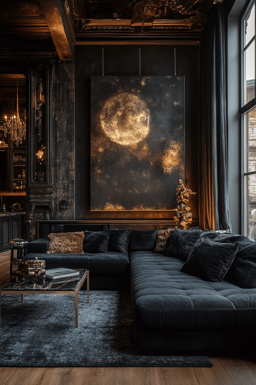 Layered blacks and grays in dark maximalism