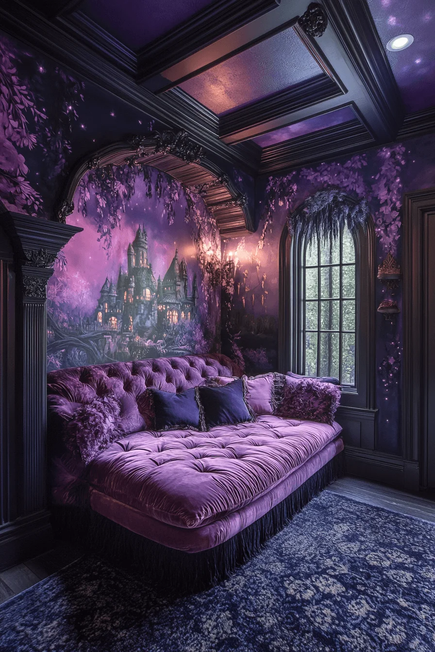 Dark maximalism with deep purples and lanterns