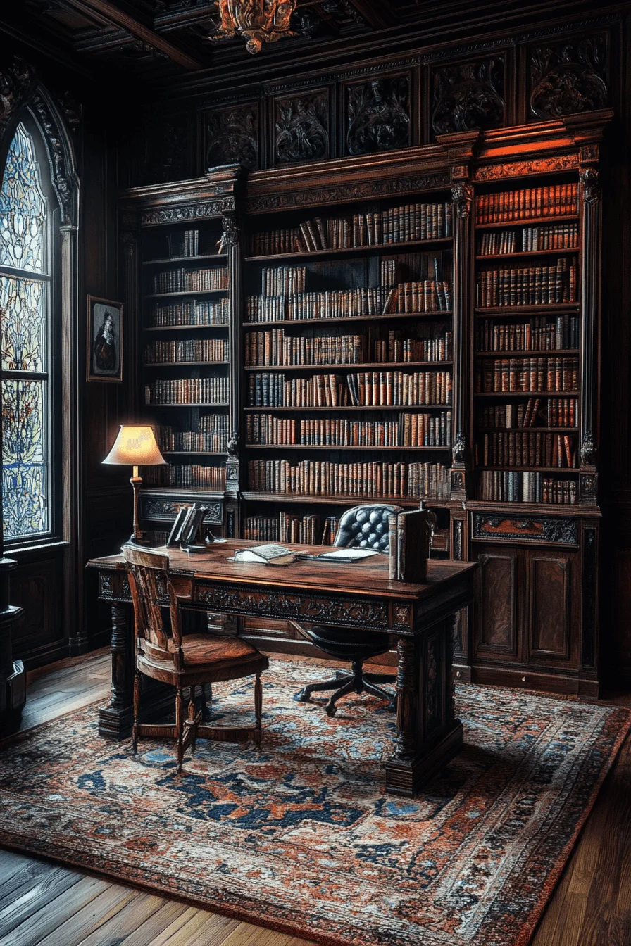 Ornate carvings and rich fabrics in dark maximalism