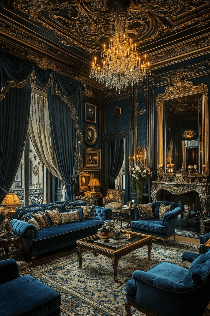 Baroque inspired dark maximalism room