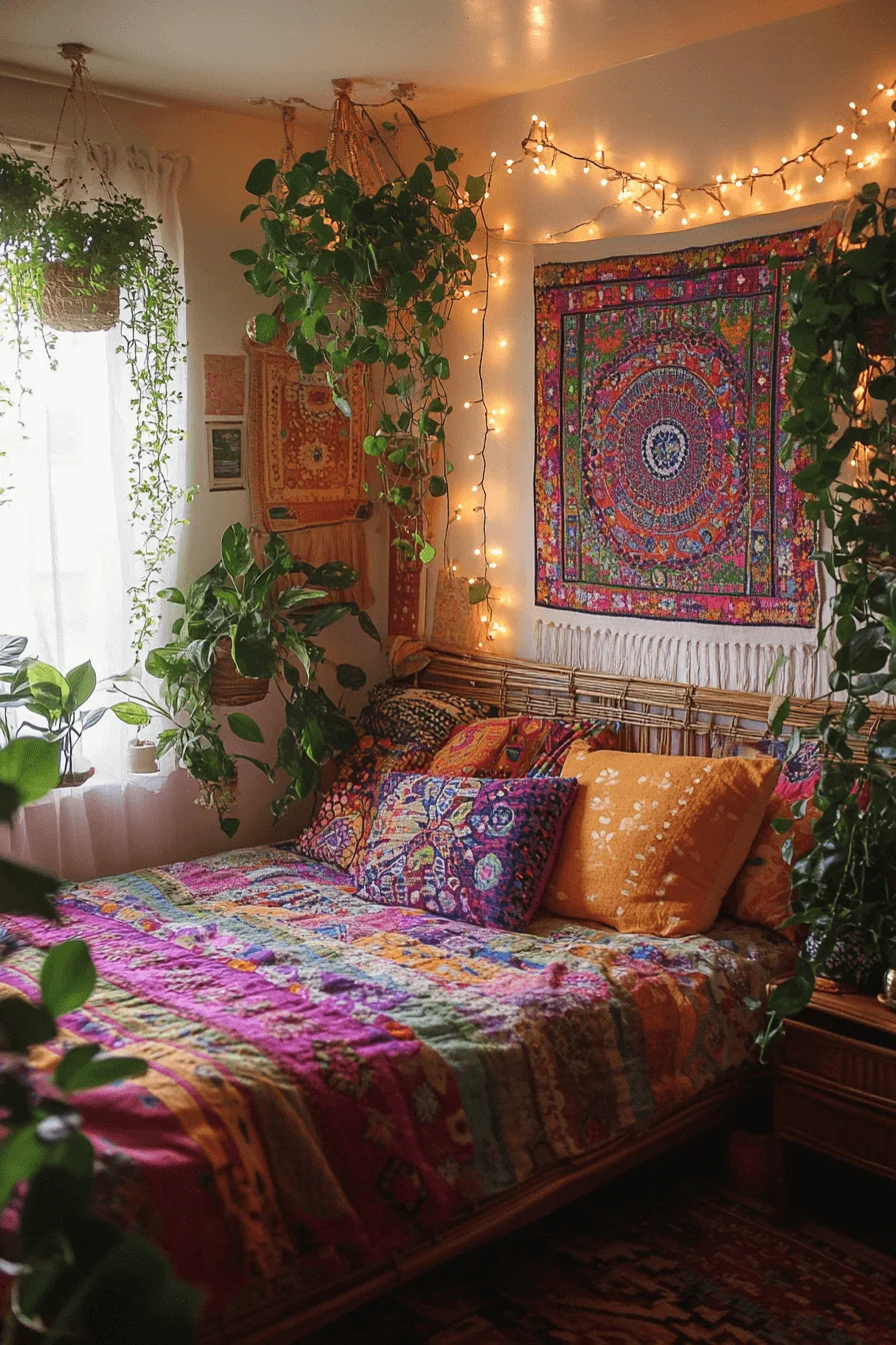 Bohemian style bedroom with vibrant patterns and textiles
