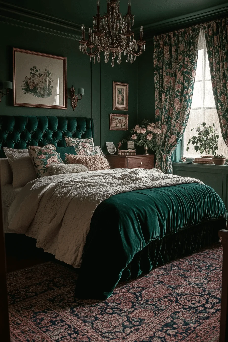 Bedroom featuring velvet pillows and soft lighting