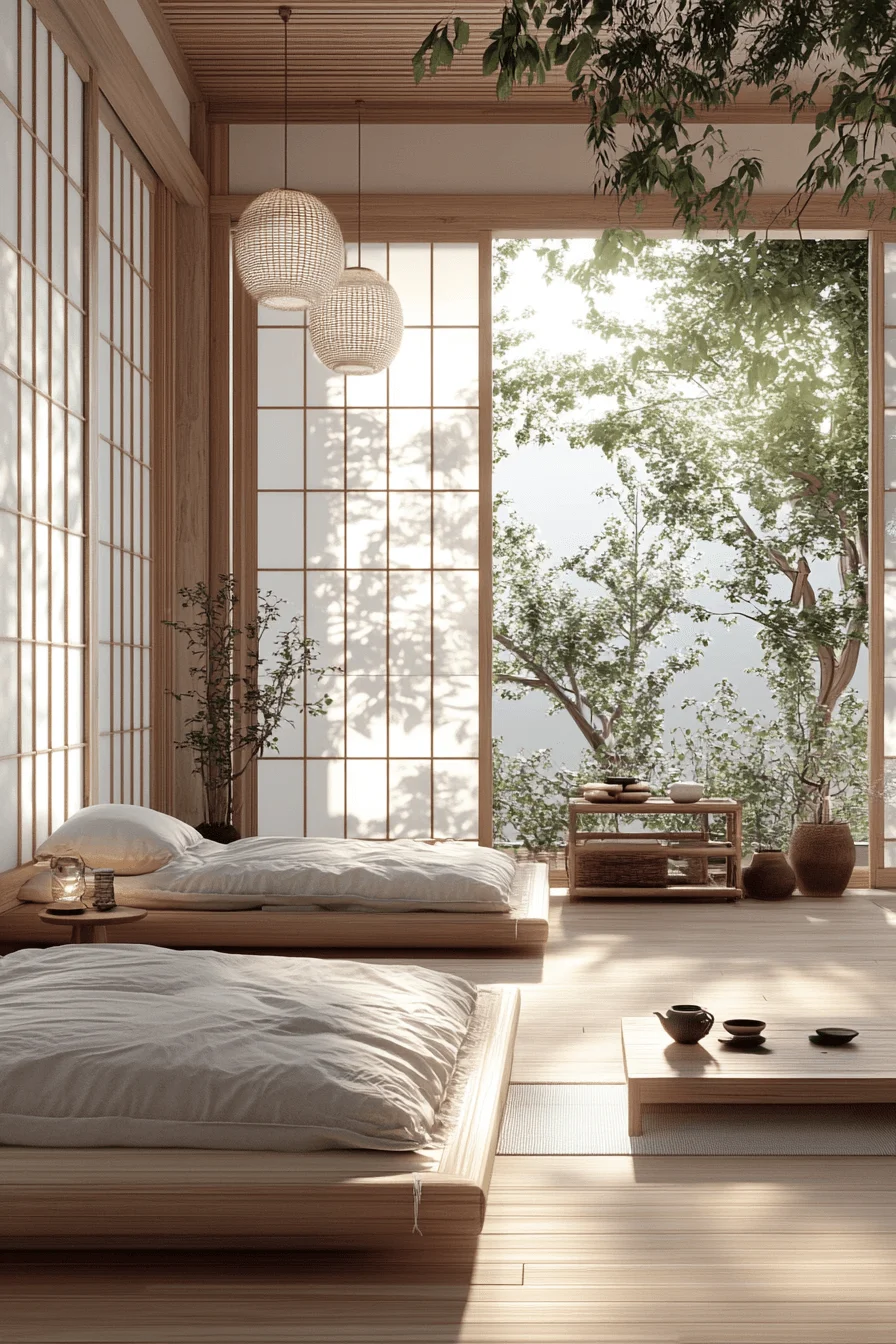 Zen-inspired bedroom with bamboo mats and neutral tones