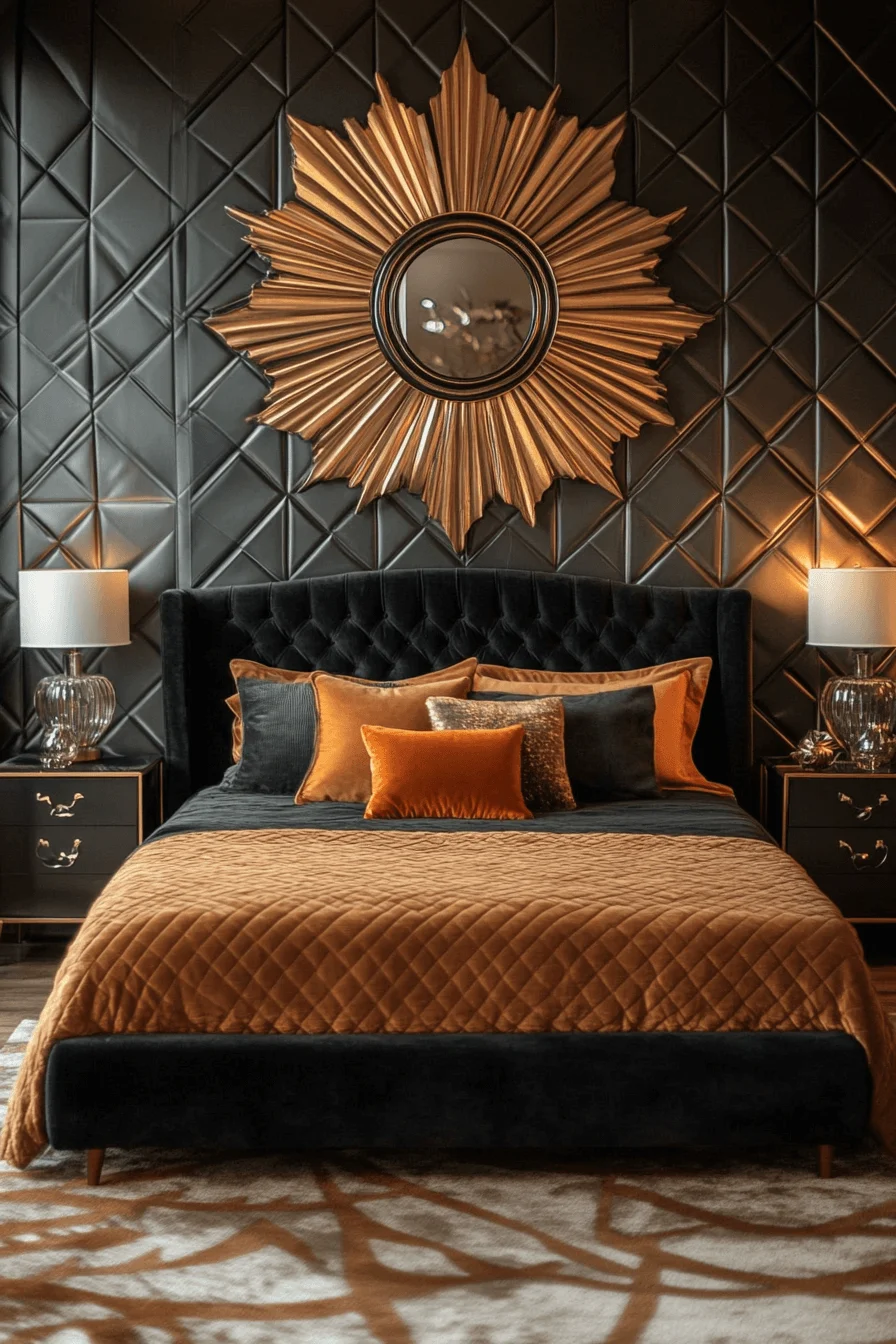 Bedroom with gold accents and geometric decor