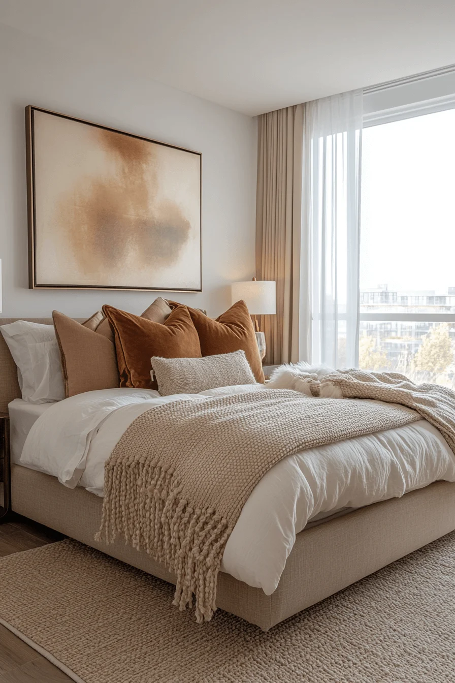 Modern bedroom with sleek furniture and colorful accents