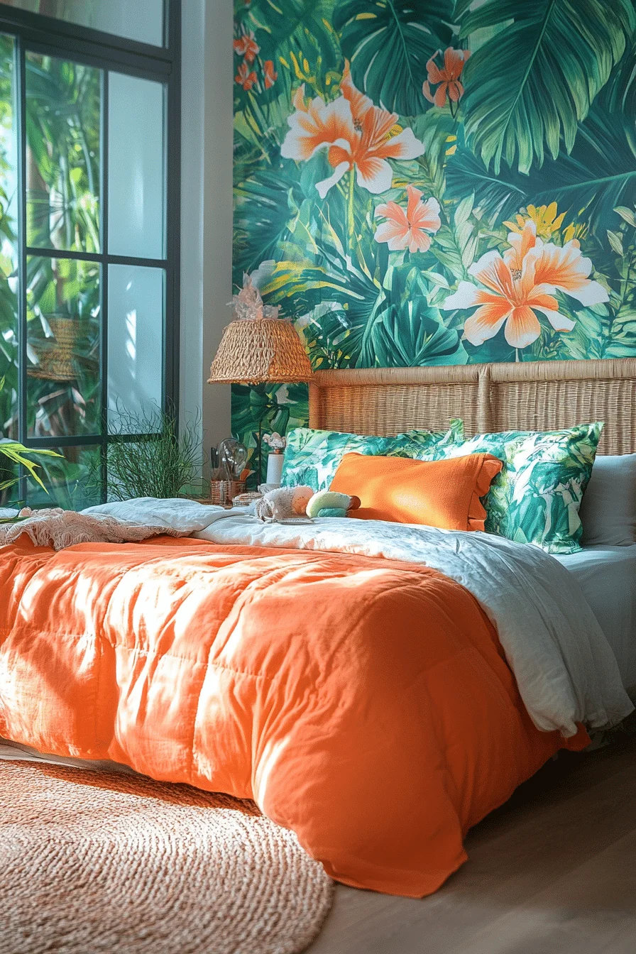 Tropical themed bedroom with rattan furniture and bold prints