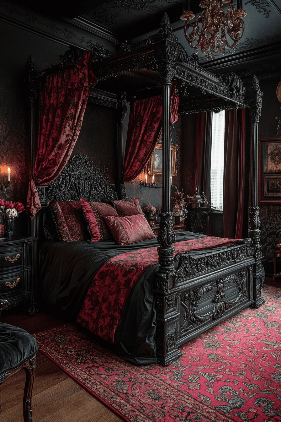 Gothic style bedroom with dark walls and iron accents