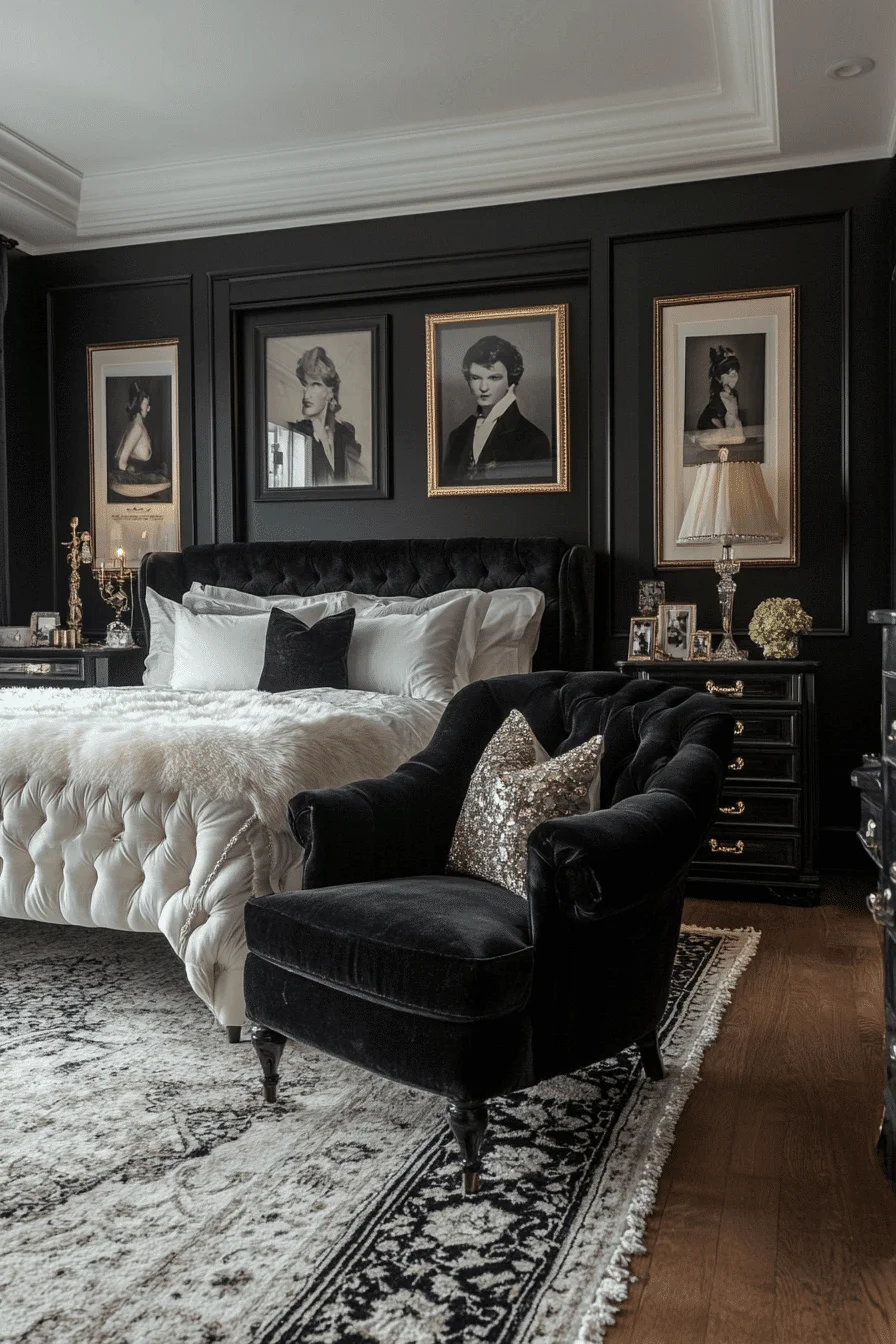 Glamorous bedroom with glossy accents and ornate details