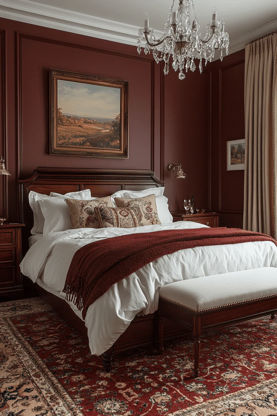 Classic bedroom with wood furniture and elegant patterns