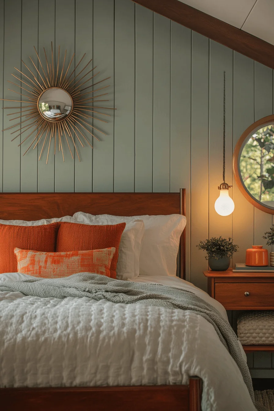 Mid-century modern bedroom with curved furniture and bold colors