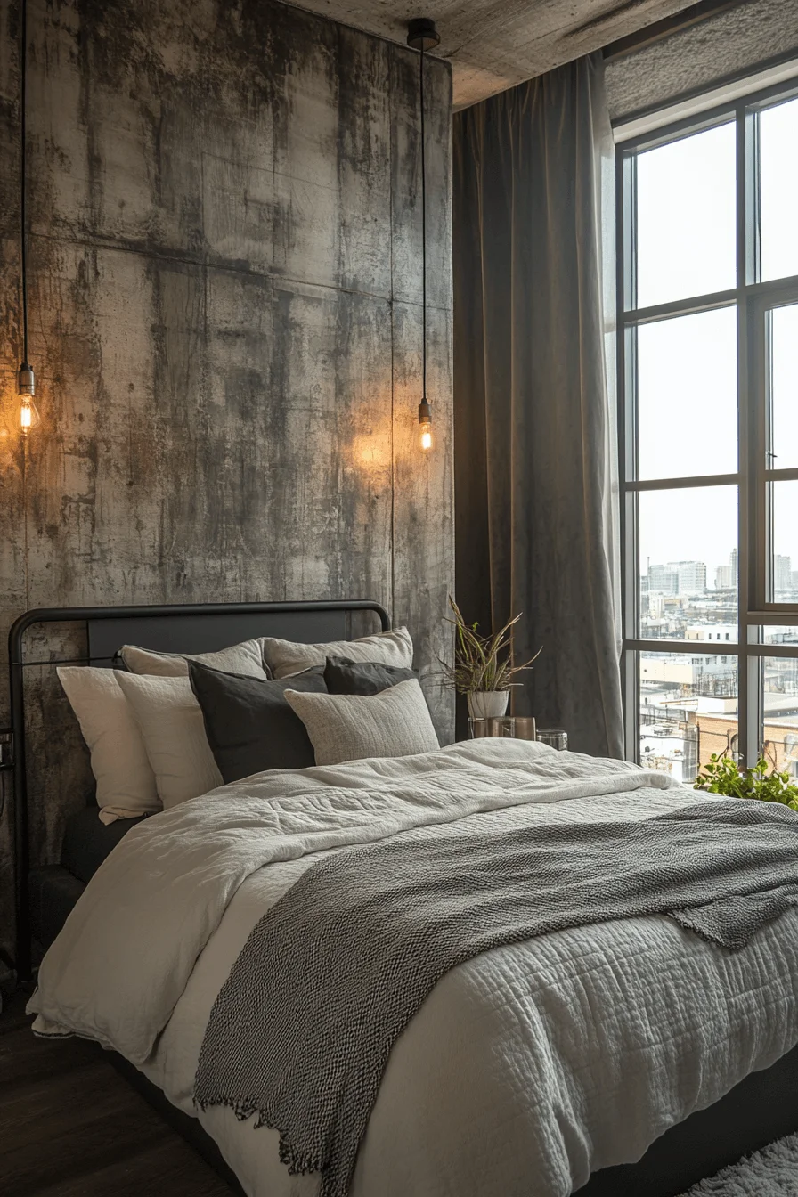 Urban style bedroom with metal accents and neutral colors