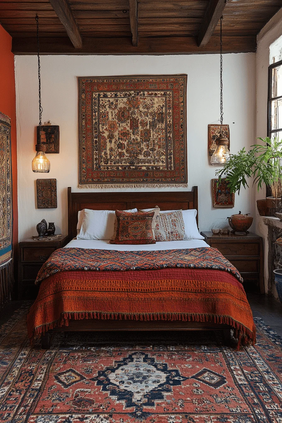 Eclectic bedroom with global patterns and colorful decor