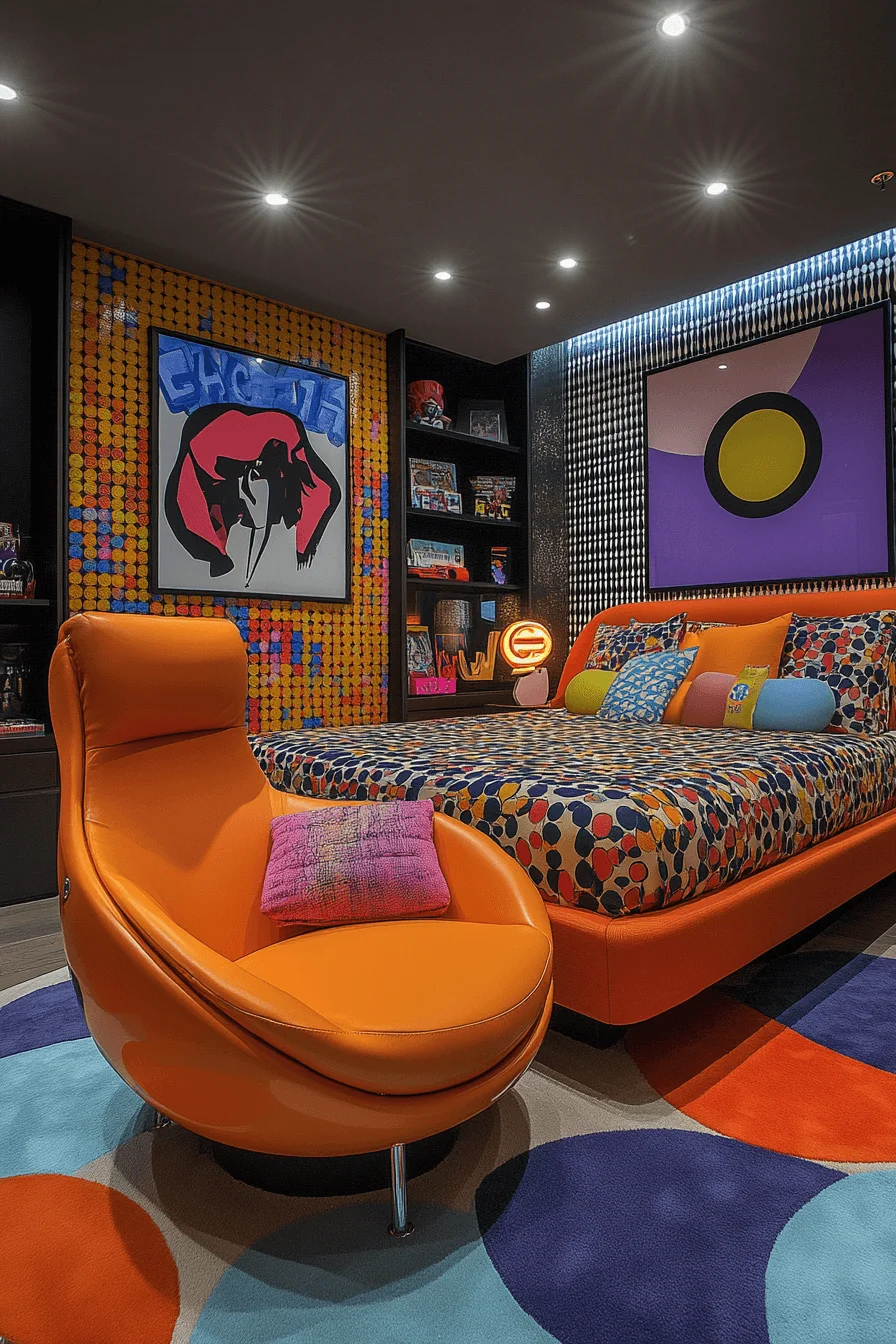 Bedroom with bold prints and graphic art