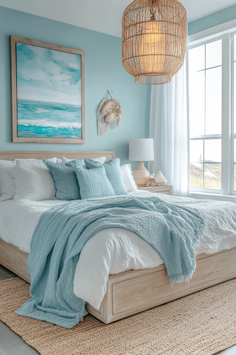 Coastal bedroom with seashell accents and light tones