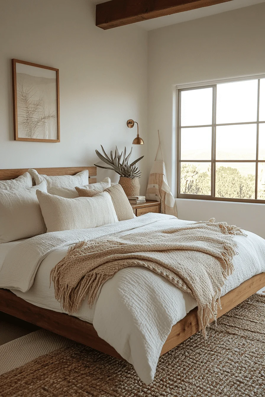 Desert-inspired bedroom with warm tones and wood accents