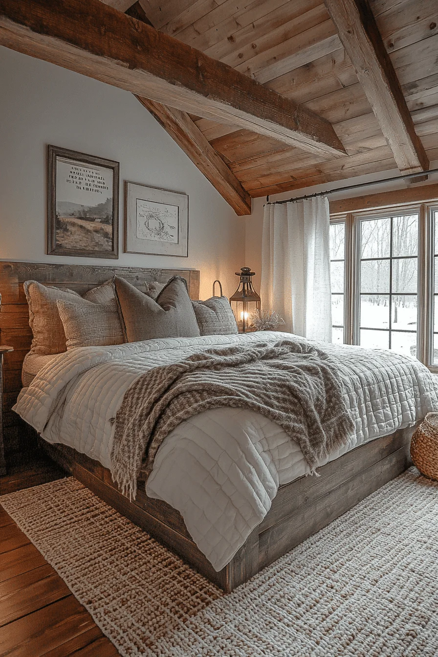 Rustic bedroom with wood and stone accents