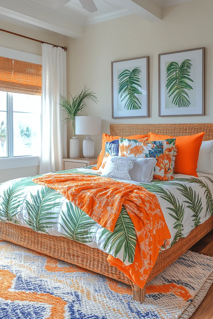 Vibrant boho coastal bedroom with palm prints and bamboo accents