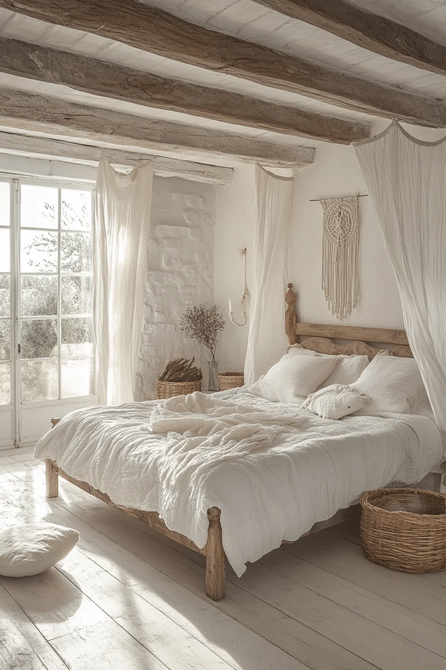 Soft draped fabrics and nautical accents in a boho coastal bedroom