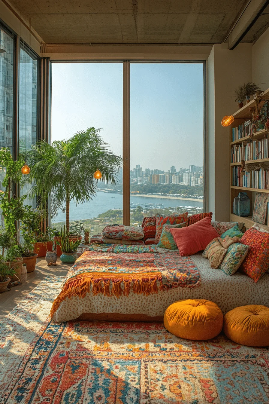 Bright boho coastal bedroom with white furniture and ocean views