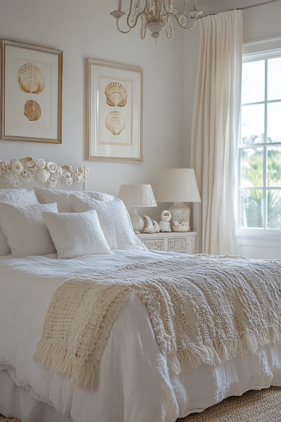 Boho coastal bedroom featuring shell displays and natural textures