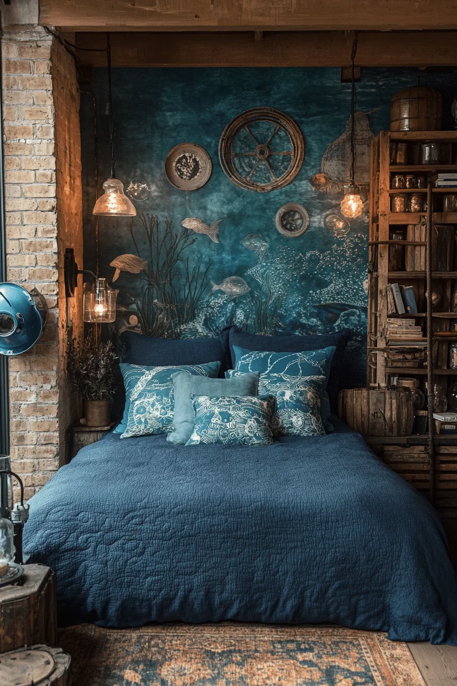 Boho coastal bedroom with deep blue and turquoise accents