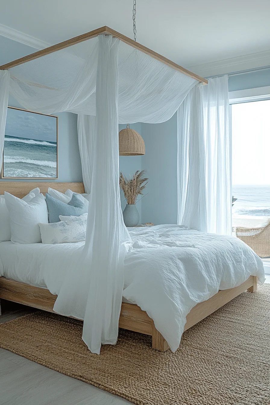 Sophisticated boho coastal bedroom with white base and colorful accents