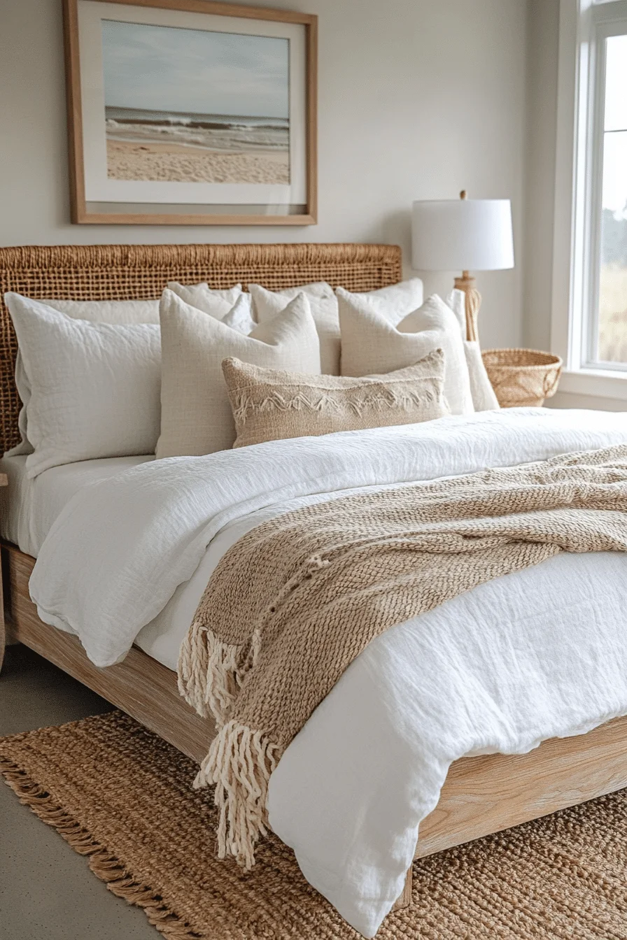 Warm boho coastal bedroom with sandy hues and ocean accents