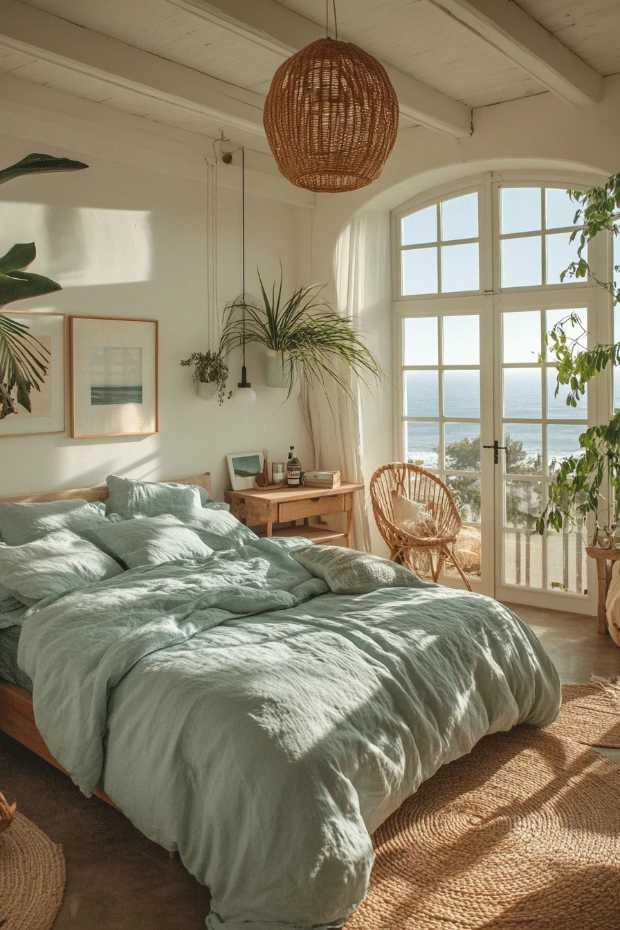 Boho coastal bedroom with rustic elements and ocean-themed art