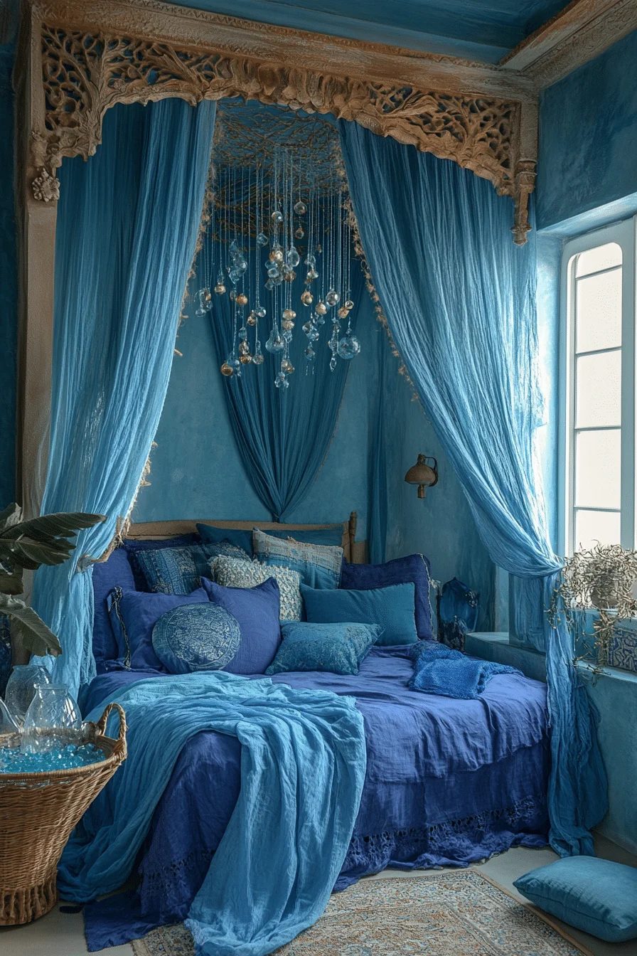 Soft oceanic colors and driftwood elements in a boho coastal bedroom